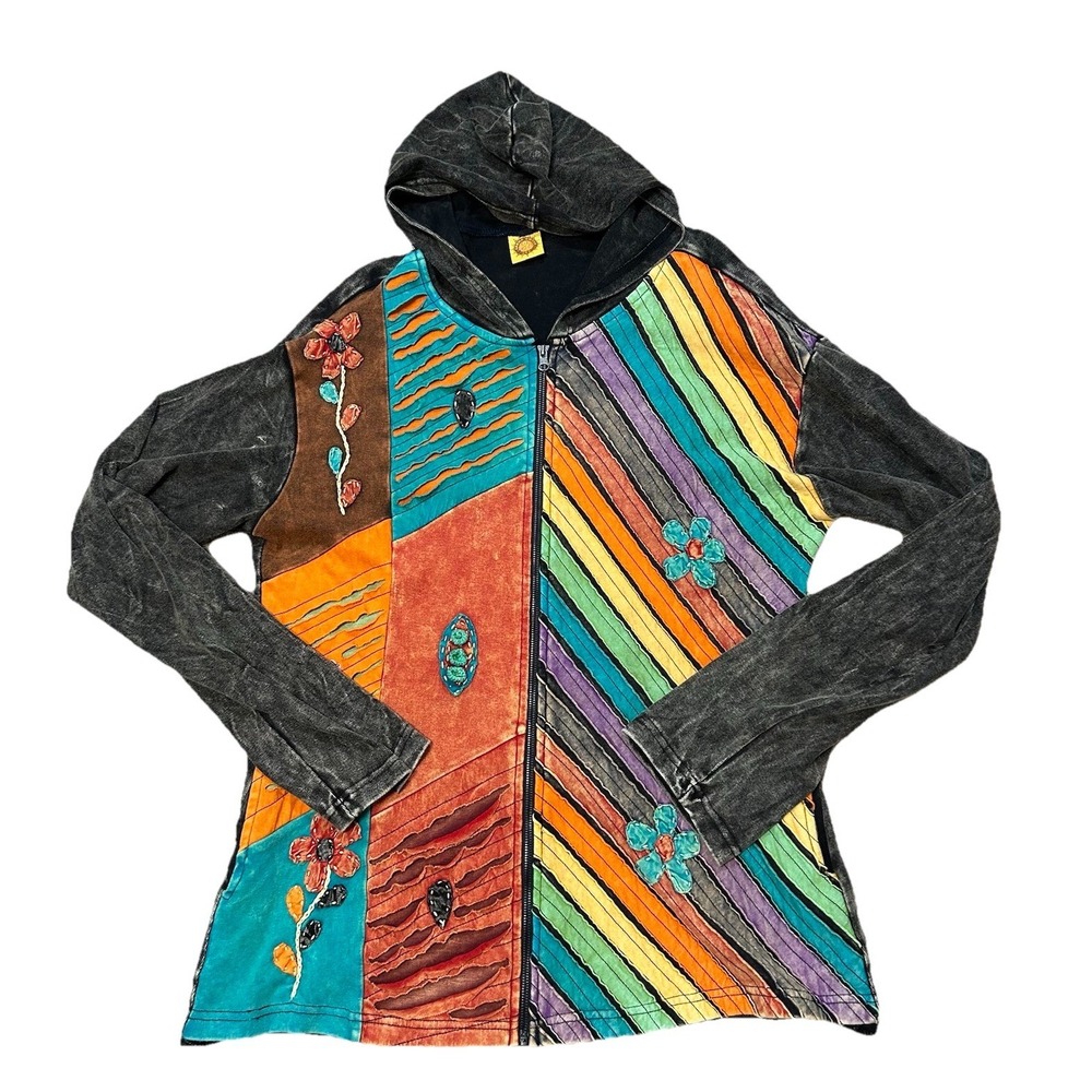 Karma‎ Circle Cotton Zip Hoodie Patchwork Rainbow Floral Boho Hippie Nepal XL